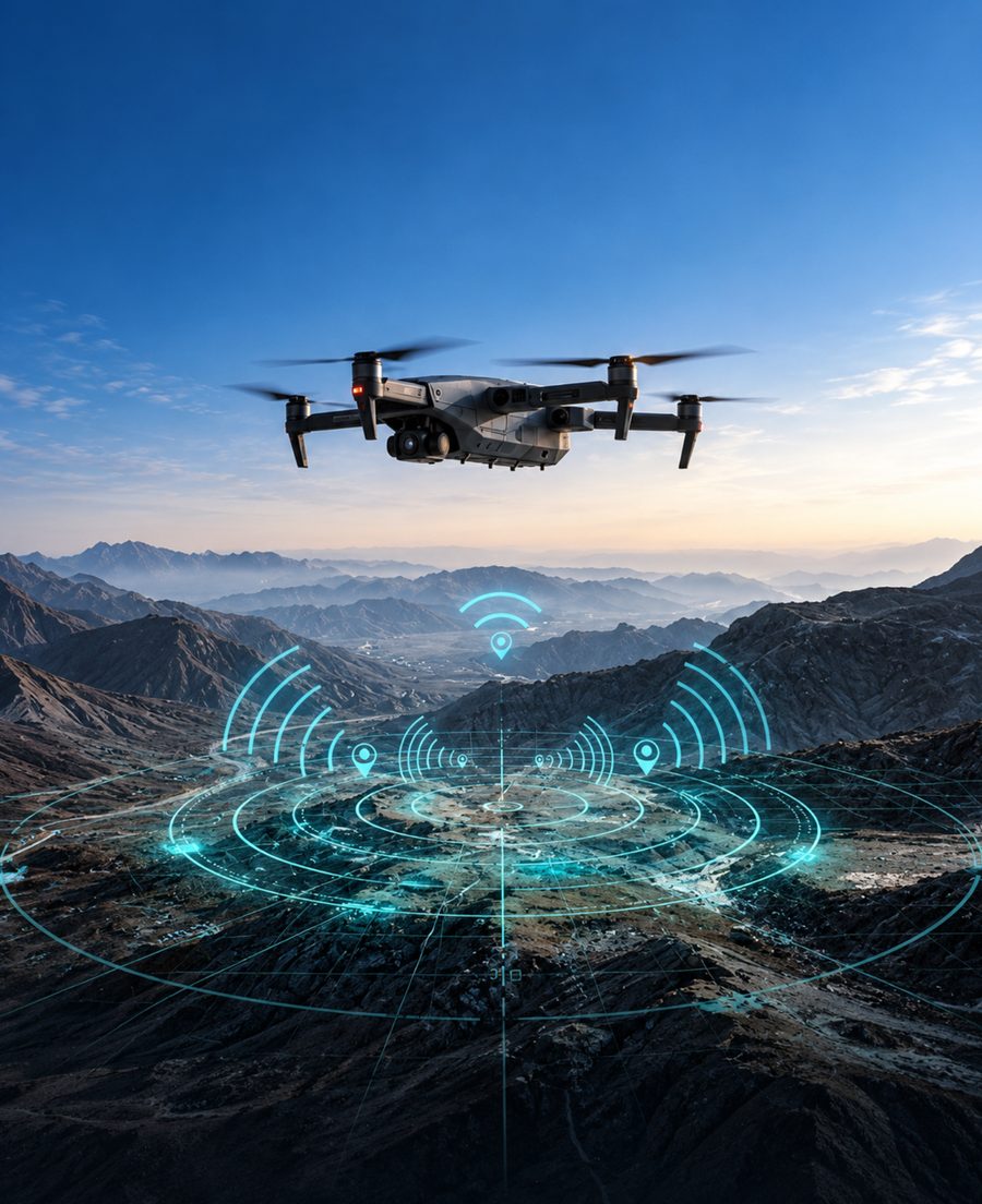 Drone surveying mountain terrain with signal coverage rings
