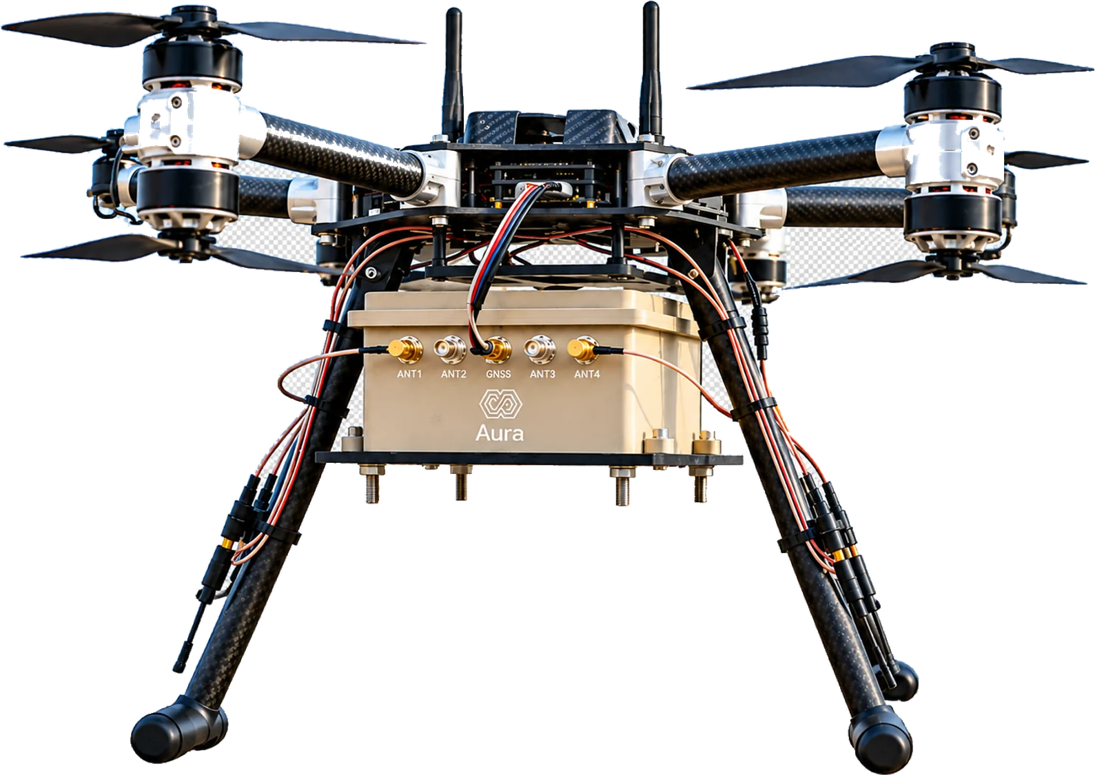 Drone carrying the Aura anti-jamming unit